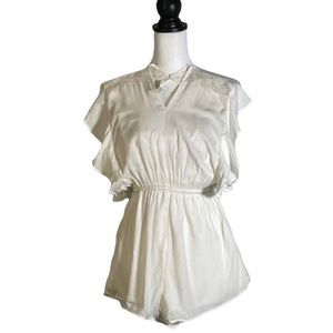 American Eagle Outfitters White V Neck Drawstring Ruffle Short Sleeve Romper XXS